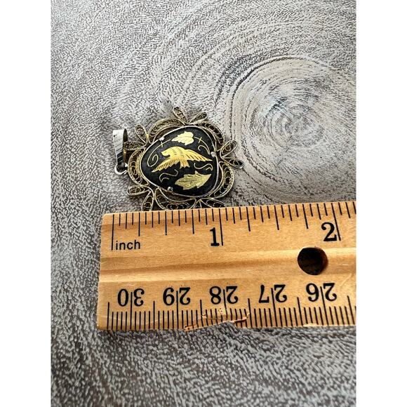 Vintage Spanish Damascus Gold Tone Pendant Bird Totem Filigree Triangle - Picture 4 of 4